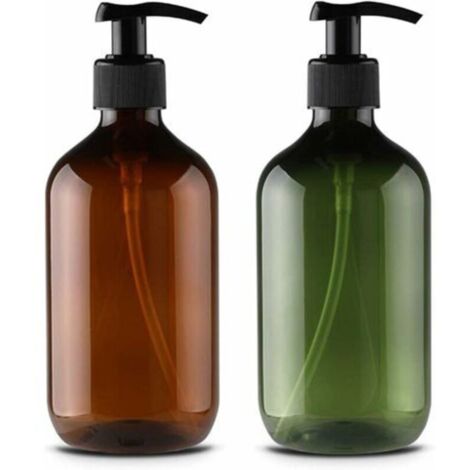 2 flacons vides rechargeables en plastique pour lotion de 500 ml. shampooing. crème douche. gel douche. distributeur de liquide (marron et vert)