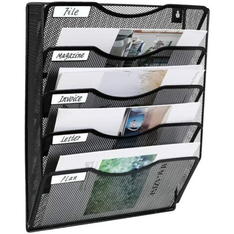 Organisateur de fichiers mural 5 poches – Noir – Installation simple avec matériel inclus – Pour documents et magazines (1/5)