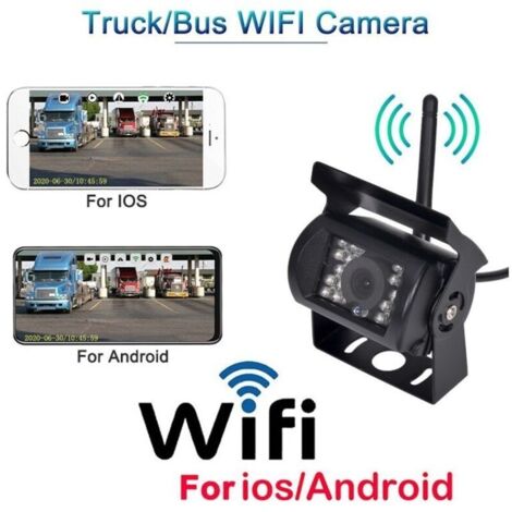 Caméra de recul sans fil WIFI HD 12V-24V – Grand angle 170° – Vision nocturne IP67 – Transmission 50m – Compatible iOS et Android