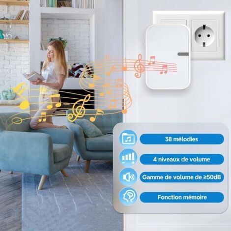 Sonnette sans fil Etanche IP44 pour Extérieur Intérieur Sonnette sans fil sans pile. 38 Mélodies et 4 Niveaux. 1 Émetteur 2 Récepteurs Portée 150M