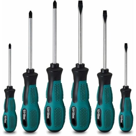 Lot de 6 tournevis magnétiques – Acier CRV anti-oxydation – 3 têtes plates et 3 cruciformes – Poignée ergonomique antidérapante (1/3)