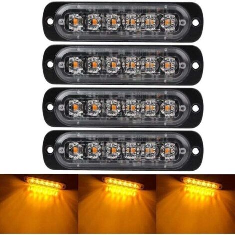 Lot de 4 feux d'avertissement d'urgence 12V-24V – 6 LED étanches – Modes stroboscopiques – Aluminium IPX-4 pour camions et véhicules