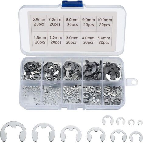 Anneaux élastiques externes en acier inoxydable 304. assortiment de 200 anneaux élastiques de 1.5/2/3/4/5/6/7/8/9/10 mm. usages divers. (1/5)