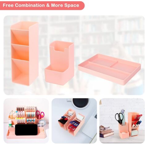 DoDuo Organisateur De Bureau Multifonctionnel Rose - Rangement Plastique Avec 5 Compartiments Et 2 Tiroirs Pour Maison, École Et Salle De Classe