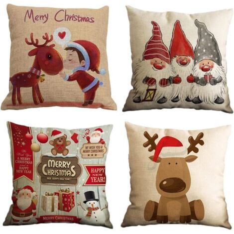 Taie d'oreiller, Lot de 4 en Coton et Lin Noël Wapiti Le père noël Bonhomme de Neige Nain Imprimé Housse De Coussin carré pour Lit Voiture De La Maison Canapé 45 x 45 cm (1/5)