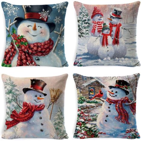 4pcs Taie d'oreiller de Noël Lin de Coton Housses de Coussin Dessin Animé Mignon Décoration de Noël d'oreiller 45x45cm pour Les Voitures Les Canapés (1/5)