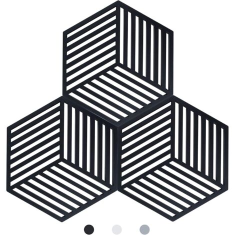 Lot de 3 Dessous de Plats Kitchen Pot Coaster de Protection en Silicone (Noir, Raya Hexagonal: 160x138x8mm) (1/5)