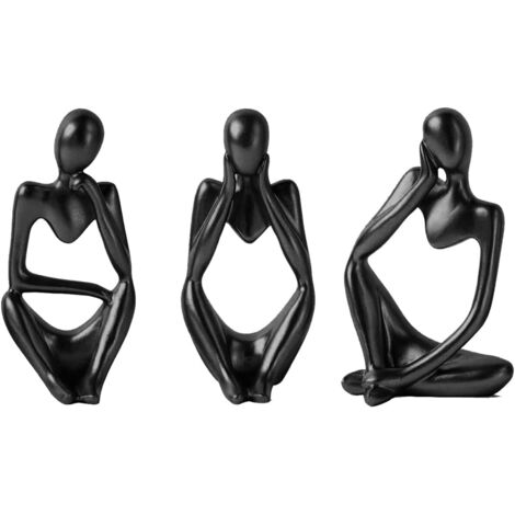 Statue de penseur nordique 3 pièces Sculpture de penseur abstrait Figurine de penseur en résine Ornement de penseur fait à la main (Noir)