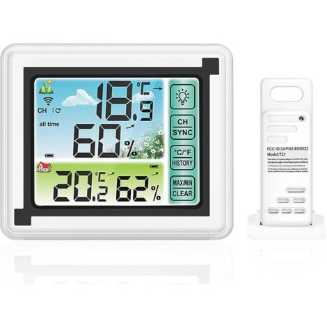 Station Météo Sans Fil Avec Capteur Extérieur Thermomètre et Hygromètre Numérique Intérieur Extérieur Rétroéclairage Réglable avec Grand écran LCD pour la Maison et Le Bureau (1/6)
