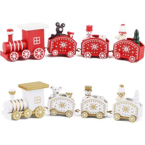 2pcs Petits Train de Noël en Bois Ornement Pendentif Train Caravane Forme Bonhomme de Neige Père Noël Créatif Cadeau Décoration pour Artisanat Table Maison Jardin Fête Nouvel an Rouge Blanc (1/5)