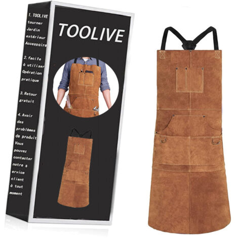 Toolive – Tablier de protection en cuir anti-chaleur – 6 poches – Résistant à l'abrasion et aux flammes – Taille réglable M à XXXL – Pour soudeur et menuisier