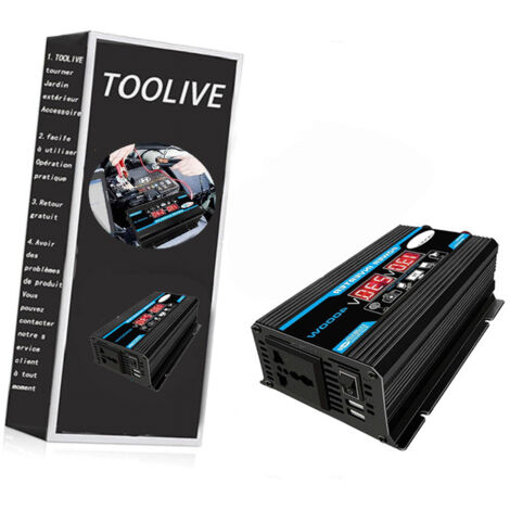 Toolive – Convertisseur de tension 12V-220V 300W – Onduleur avec ports USB-C et USB-A 3A – Protection contre surchauffe et court-circuit - V-220