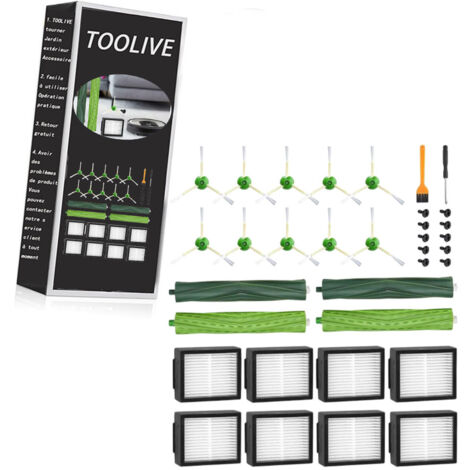 Toolive – Kits accessoires de remplacement pour aspirateurs iRobot Roomba E/I/J – 4 brosses en caoutchouc – 8 filtres HEPA – 10 brosses latérales (1/6)