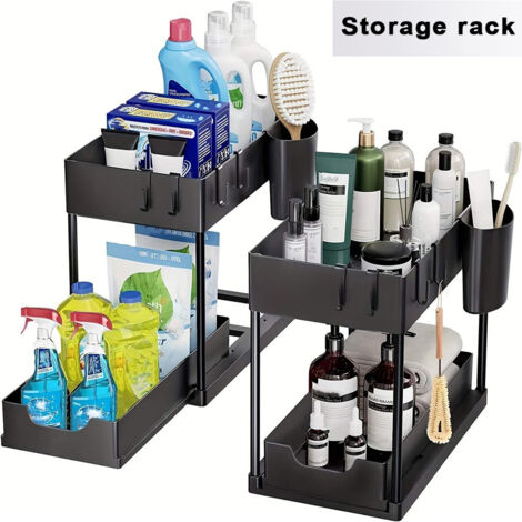 Lot de 2 organisateurs sous évier – Tiroir coulissant pour accès facile – Rangement cuisine et salle de bain – Noir – 8 crochets inclus (1/5)