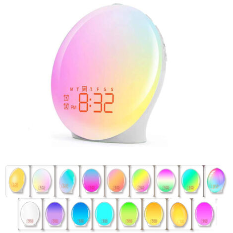 Réveil lumineux enfant – Simulateur d'aube et de crépuscule – 20 niveaux de luminosité – 7 sons naturels – Fonction snooze – Port USB