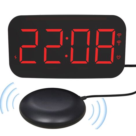 Réveil puissant pour les gros dormeurs, volume/vibration progressifs à 3 niveaux, luminosité automatique, 7 veilleuses, réveil vibrant avec agitateur de lit, 12/24 heures, 2 ports USB, répétition