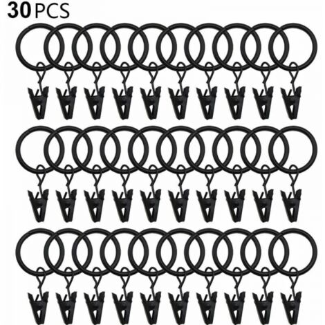 30 anneaux de rideaux PCS avec pinces, pinces à draperie solides, crochets sur support de tige de tension, diamètre intérieur oeillets en métal rideaux décoratifs cintres de fenêtre, noir