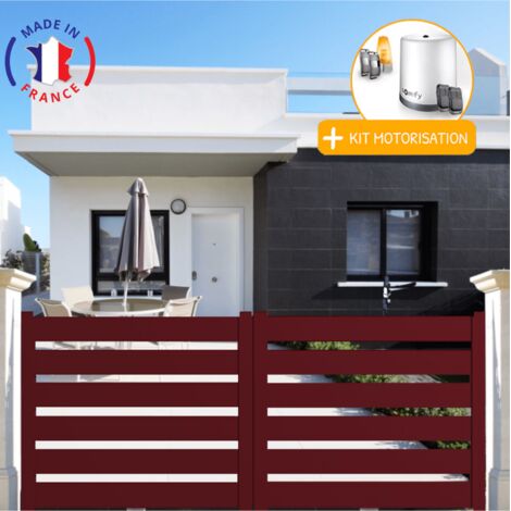 Portail aluminium coulissant SAH en kit + Motorisation dimensions L.3000 (entre piliers) X H.1500 mm Couleurs Rouge (RAL 3004) (1/2)