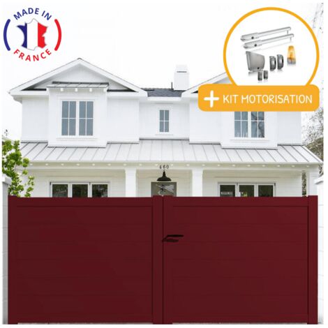 Portail aluminium battant plein en kit + Motorisation dimensions L.4000 (entre piliers) X H.1500 mm SGS Essential (vérins) Couleurs Rouge (RAL 3004) (1/2)