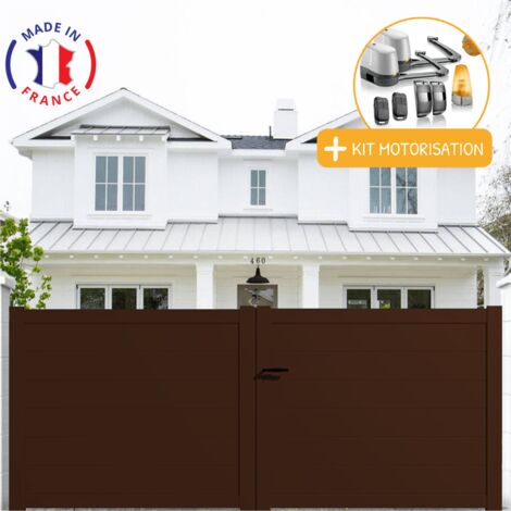Portail aluminium battant plein en kit + Motorisation dimensions L.3000 (entre piliers) X H.1700 mm LOCKYVIA (à bras) Couleurs Marron (RAL 1247) (1/2)