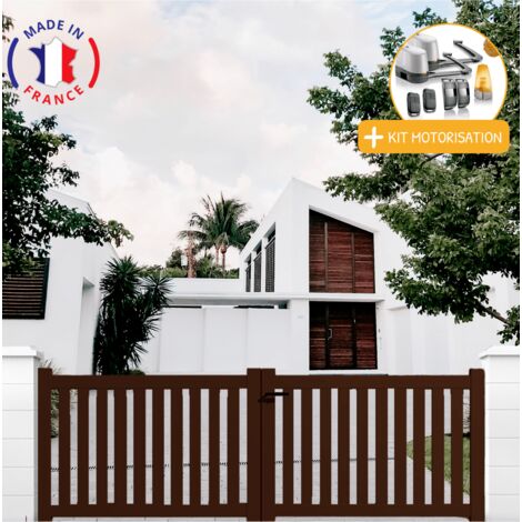 Portail aluminium battant ajouré en kit + Motorisation dimensions L.3500 (entre piliers) X H.1200 mm LOCKYVIA (à bras) Couleurs Marron (RAL 1247)