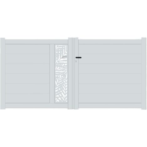 Portail aluminium battant découpe laser en kit dimensions L.4000 (entre piliers) x H.1500 mm Couleurs Gris clair (RAL 7035)