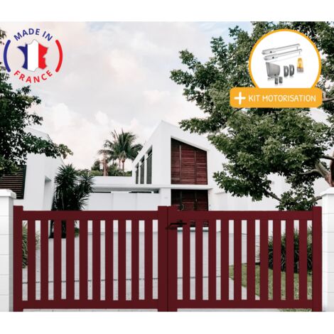 Portail aluminium battant ajouré en kit + Motorisation dimensions L.3000 (entre piliers) X H.1200 mm SGS Essential (vérins) Couleurs Rouge (RAL 3004)