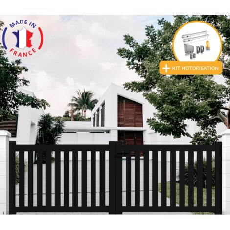 Portail aluminium battant ajouré en kit + Motorisation dimensions L.4000 (entre piliers) X H.1200 mm SGS Essential (vérins) Couleurs Noir (RAL 9005)