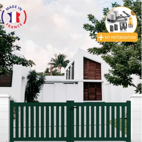 Portail aluminium battant ajouré en kit + Motorisation dimensions L.3500 (entre piliers) X H.1200 mm LOCKYVIA (à bras) Couleurs Vert (RAL 6005)