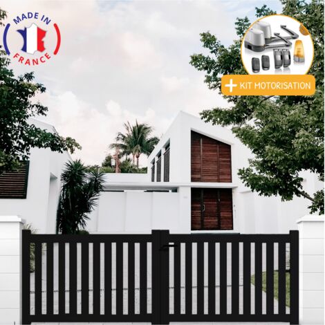 Portail aluminium battant ajouré en kit + Motorisation dimensions L.3000 (entre piliers) X H.1200 mm LOCKYVIA (à bras) Couleurs Noir (RAL 9005)