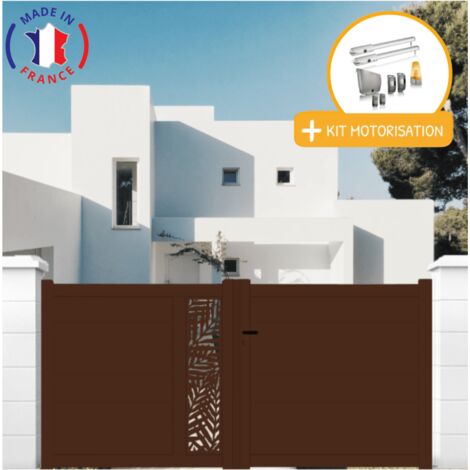 Portail aluminium battant découpe laser en kit + Motorisation dimensions L.4000 (entre piliers) X H.1500 mm SGS Essential (vérins) Couleurs Marron (RAL 1247) (1/2)