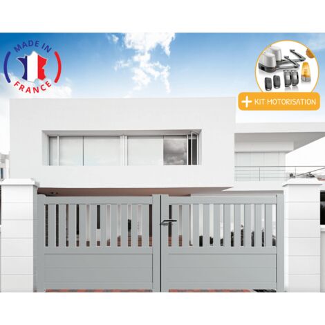 Portail aluminium battant semi-ajouré en kit + Motorisation dimensions L.4000 (entre piliers) X H.1300 mm LOCKYVIA (à bras) Couleurs Gris clair (RAL 7035) (1/2)