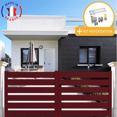 Portail aluminium battant SAH en kit + Motorisation dimensions L.3000 (entre piliers) X H.1500 mm SGS Essential (vérins) Couleurs Rouge (RAL 3004)