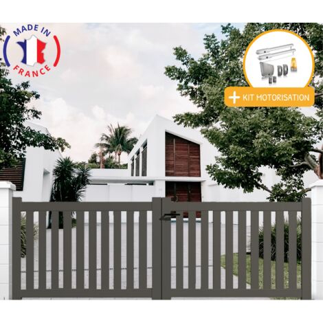 Portail aluminium battant ajouré en kit + Motorisation dimensions L.3000 (entre piliers) X H.1200 mm SGS Essential (vérins) Couleurs Gris quartz (RAL 7039)