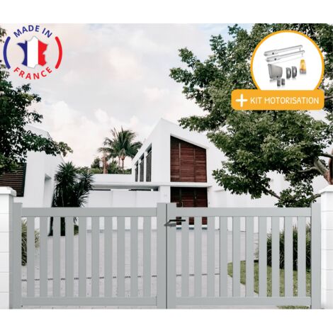 Portail aluminium battant ajouré en kit + Motorisation dimensions L.3500 (entre piliers) X H.1200 mm SGS Essential (vérins) Couleurs Gris clair (RAL 7035)