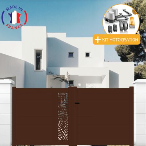 Portail aluminium battant découpe laser en kit + Motorisation dimensions L.3000 (entre piliers) X H.1500 mm LOCKYVIA (à bras) Couleurs Marron (RAL 1247) (1/2)