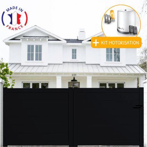 Portail aluminium coulissant plein en kit + Motorisation dimensions L.4000 (entre piliers) X H.1700 mm Couleurs Noir (RAL 9005)