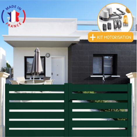 Portail aluminium battant SAH en kit + Motorisation dimensions L.3000 (entre piliers) X H.1500 mm LOCKYVIA (à bras) Couleurs Vert (RAL 6005)