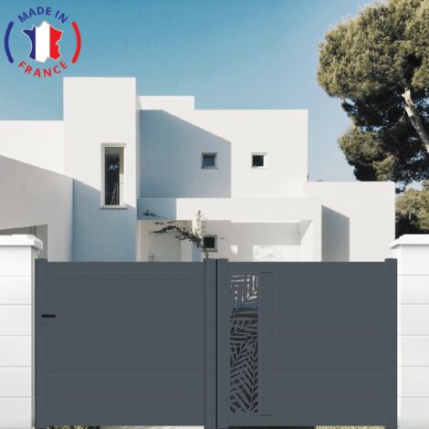 Portail aluminium coulissant découpe laser en kit dimensions L.3500 (entre piliers) X H.1500 mm Couleurs Gris (RAL 7016)