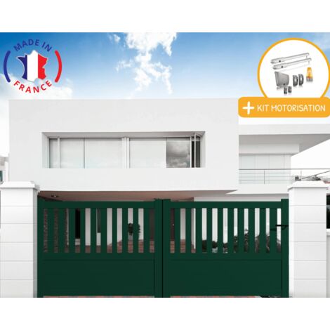 Portail aluminium battant semi-ajouré en kit + Motorisation dimensions L.4000 (entre piliers) X H.1300 mm SGS Essential (vérins) Couleurs Vert (RAL 6005) (1/2)