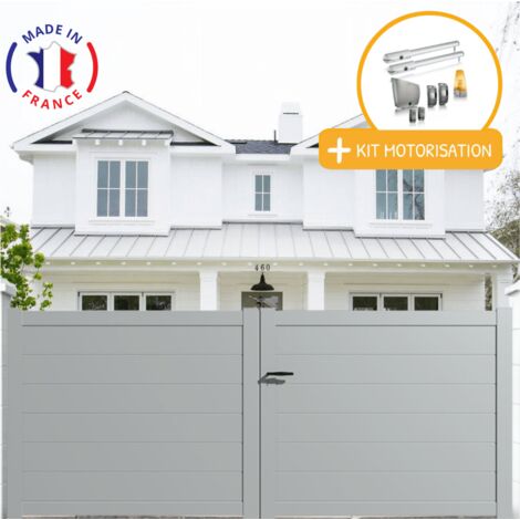Portail aluminium battant plein en kit + Motorisation dimensions L.3000 (entre piliers) X H.1500 mm SGS Essential (vérins) Couleurs Gris clair (RAL 7035) (1/2)