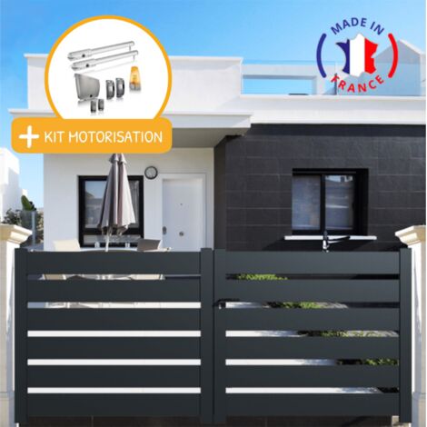 Portail aluminium battant SAH en kit + Motorisation dimensions L.4000 (entre piliers) X H.1500 mm SGS Essential (vérins) Couleurs Gris (RAL 7016)
