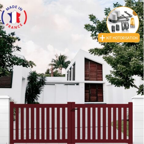 Portail aluminium battant ajouré en kit + Motorisation dimensions L.3500 (entre piliers) X H.1200 mm LOCKYVIA (à bras) Couleurs Rouge (RAL 3004)