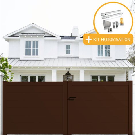 Portail aluminium battant plein en kit + Motorisation dimensions L.3000 (entre piliers) X H.1500 mm SGS Essential (vérins) Couleurs Marron (RAL 1247) (1/2)