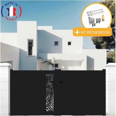 Portail aluminium battant découpe laser en kit + Motorisation dimensions L.3500 (entre piliers) X H.1500 mm SGS Essential (vérins) Couleurs Noir (RAL 9005) (1/2)