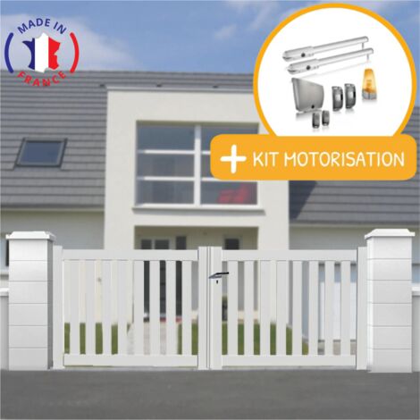 Portail aluminium battant ajouré en kit + Motorisation dimensions L.4000 (entre piliers) X H.1200 mm SGS Essential (vérins) Couleurs Blanc (RAL 9010)