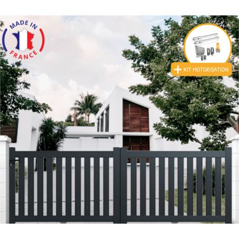 Portail aluminium battant ajouré en kit + Motorisation dimensions L.3000 (entre piliers) X H.1200 mm SGS Essential (vérins) Couleurs Gris (RAL 7016)