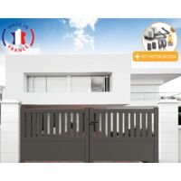 Portail aluminium battant semi-ajouré en kit + Motorisation dimensions L.3500 (entre piliers) X H.1300 mm LOCKYVIA (à bras) Couleurs Gris quartz (RAL 7039)
