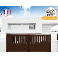 Portail aluminium battant semi-ajouré en kit + Motorisation dimensions L.3500 (entre piliers) X H.1300 mm LOCKYVIA (à bras) Couleurs Marron (RAL 1247)