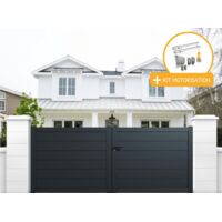 Portail aluminium battant plein en kit + Motorisation dimensions L.3500 (entre piliers) X H.1700 mm SGS Essential (vérins) Couleurs Gris (RAL 7016)